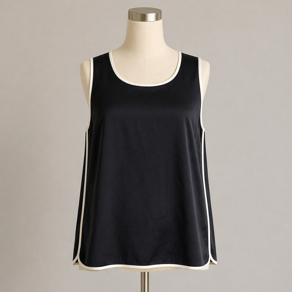 Sophie Rue Black Contrast Trim Tank Minimalist Chic Zip Back Blouse Flowy Modern